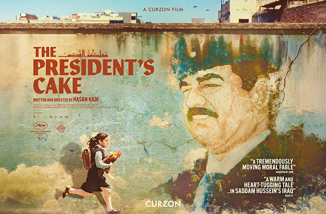 Film poster featuring a weathered wall mural of a stern, mustachioed military leader in uniform, rendered in faded, textured paint. In the foreground, a young schoolgirl with a backpack runs while holding something in her hands. The title “The President’s Cake” appears in bold red lettering on the left, with smaller text noting it is written and directed by Hasan Hadi. The background suggests an urban setting under a warm, dusty sky, with critical praise quotes on the right.