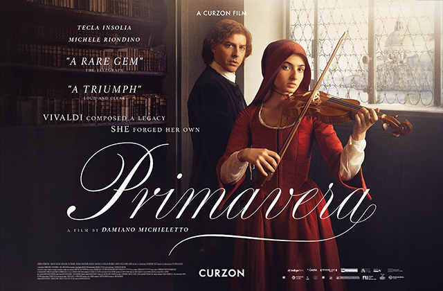 Promotional poster for Primavera showing a young woman in a red period dress playing the violin with a man standing behind her in a historic interior, alongside the film's title, cast, and promotional text.