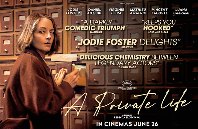 A movie poster for A Private Life shows a woman holding a small box while standing in front of rows of vintage filing cabinets, with critical praise and the film's release date displayed prominently.