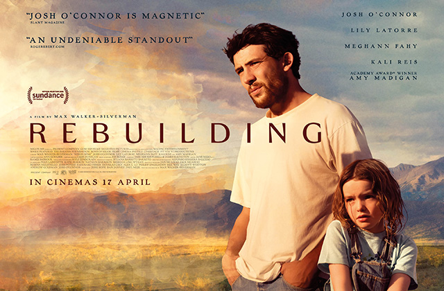 Promotional poster for Rebuilding showing a man and a young girl standing together in a sunlit rural landscape, with mountains in the background and the film's title and release date displayed.