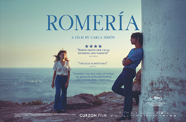 Poster for Romería, featuring two people overlooking the sea from a rocky coastal landscape, with the film title and festival accolades.