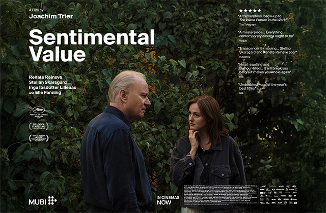 Poster for Sentimental Value. Stellan Skarsgård and Renate Reinsve stand looking at each other in front of a large green bush
