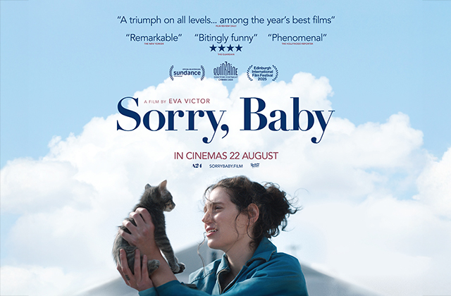 Poster for Sorry, Baby. Eva Victor, front and centre, holds a kitten up to the sky
