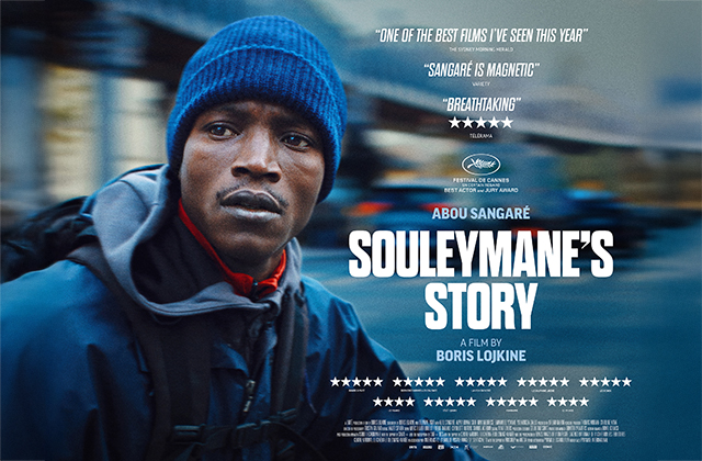 Poster for Souleymane's Story. Abou Sangaré, dressed in a blue beanie hat, and jacket looks intensely off to the right hand side.
