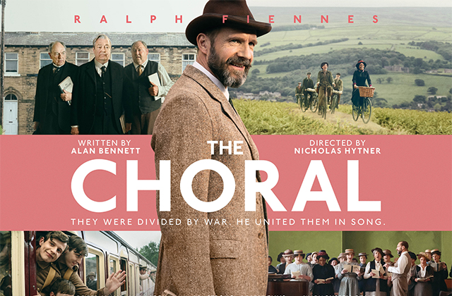 Poster for The Choral. Ralph Fiennes stands central dressed in a 1940s suit, with a collage of the other cast dressed in similar outfits in the 4 quadrants of the poster