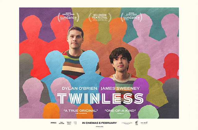 Film poster for Twinless. Two men are centred against a colourful background of overlapping human silhouettes in red, blue, green, purple, and orange. Above them are film festival laurels. The title “TWINLESS” appears in large stylised text, with “Dylan O’Brien” and “James Sweeney” above. Taglines read “A true original” and “One-of-a-kind.” Release note at bottom.