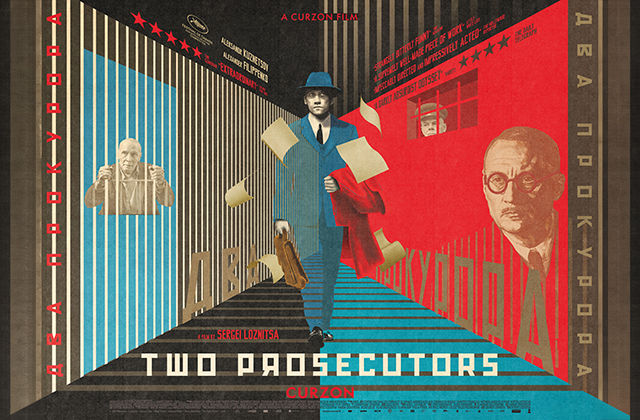 Stylised poster for Two Prosecutors: a man in a blue suit and hat strides down a corridor carrying a briefcase, papers flying around him. On either side, red and blue walls show Soviet-era imagery—one with a prisoner behind bars, the other with a stern official’s portrait. Bold geometric lines and Cyrillic text create a stark, political, retro aesthetic.