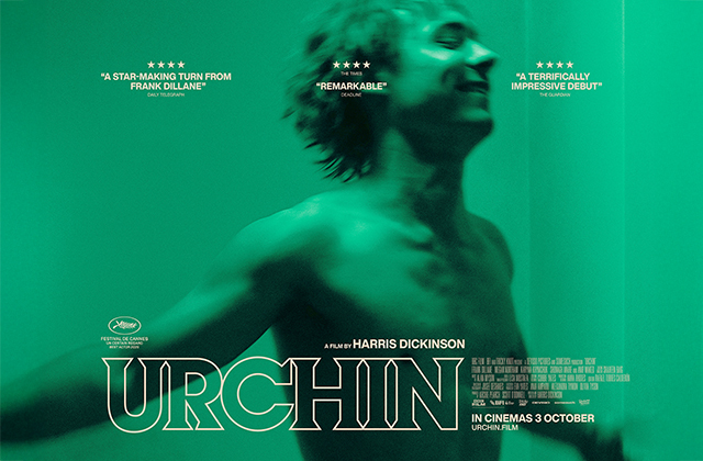 Poster for Urchin. Frank Dillane, completely bathed in a green light, is shirtless, with his arms outstretched and smiling.