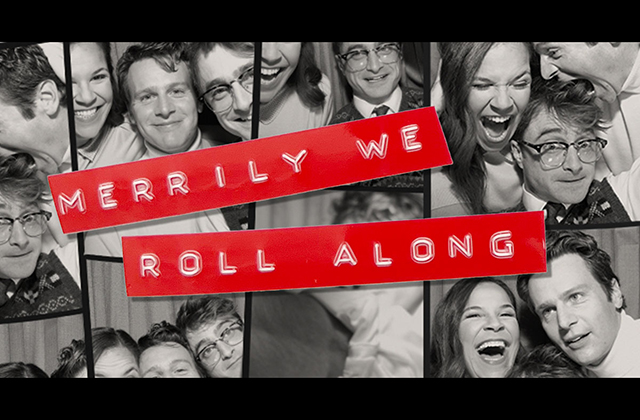 A collage of black and white picture strips, with the 3 main cast members pulling faces, and laughing.