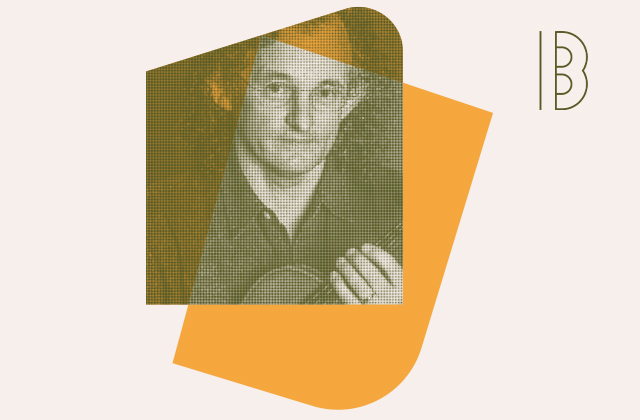 Stylised image with a dot-matrix portrait of Martin Hayes overlayed with an abstract orange shape. The Between the Notes,