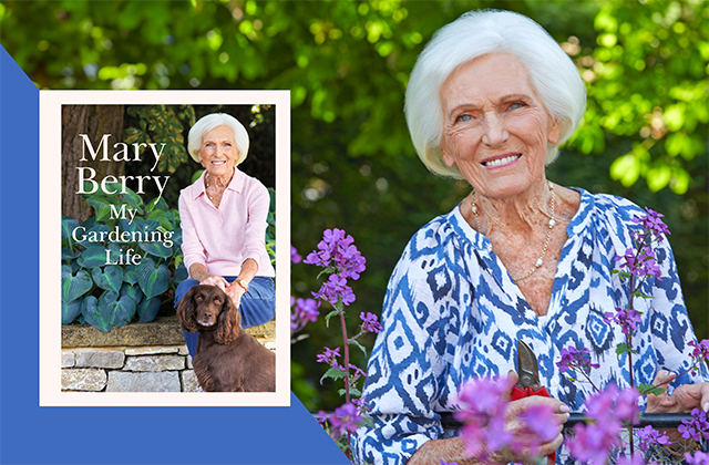 A book cover on the left shows the title “Mary Berry: My Gardening Life” with a smiling older woman sitting outdoors beside leafy plants and a brown dog. To the right, the same white-haired woman stands in a garden, smiling while holding pruning shears among purple flowers. The background is filled with green foliage.