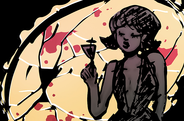 A 1920s-comic book style woman wearing a plunging dress, and holding a cocktail, in front of a yellow and black cracked background, with blood spatter