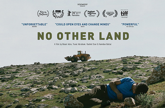 Poster for No Other Land. A young man lies in a rocky field, with a yellow construction vehicle overlooking