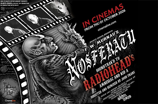 A stylised theatrical image inspired by Nosferatu, featuring a sinister, pale figure with a bald head, long black coat, and claw-like hands, looming ominously in front of a red full moon. Stark lighting and deep shadows heighten the eerie, gothic atmosphere, evoking classic horror cinema.