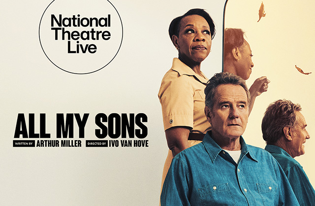 Bryan Cranston in a blue shirt with a white undershirt and Marianne Jean-Baptiste in a short sleeved yellow dress stand look serious together, with a mirror beside them showing them smiling
