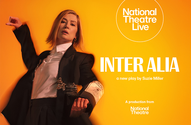 Poster for Inter Alia - Rosamund Pike dressed in a distressed tuxedo