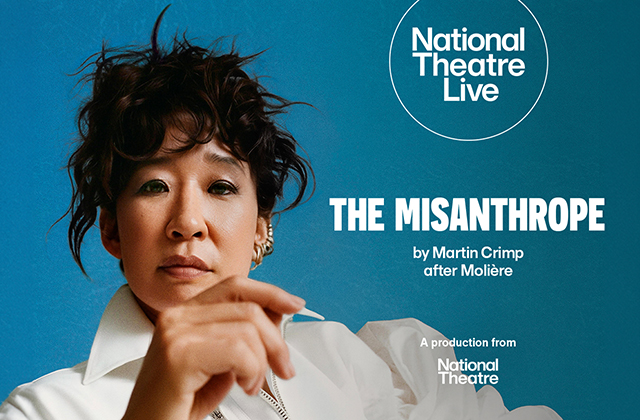Promotional graphic for National Theatre Live's production of The Misanthrope by Martin Crimp after Molière. Against a solid teal background, actor Sandra Oh looks directly forward with a serious expression, hand resting near her chin while wearing a white zip-up shirt. The title