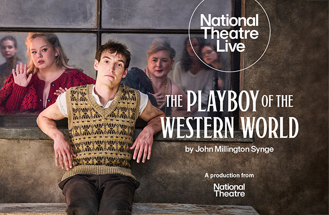 Éanna Hardwicke sits wearing a yellow and brown knitted vest, white t shirt and brown trousers. Behind him through a window, Nicola Coughlan wearing a pink dress and Siobhán McSweeney in a black dress stare at him.