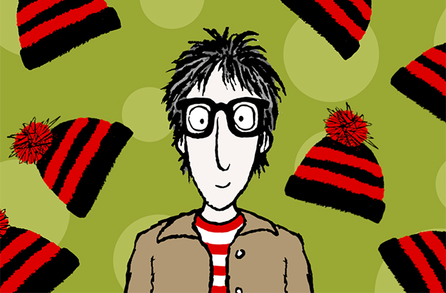 An illustration of a man with spiky dark hair, large round glasses, and a slight smile, wearing a brown jacket over a red-and-white striped shirt. He is set against an olive-green background patterned with floating red-and-black striped winter beanies topped with red bobbles.