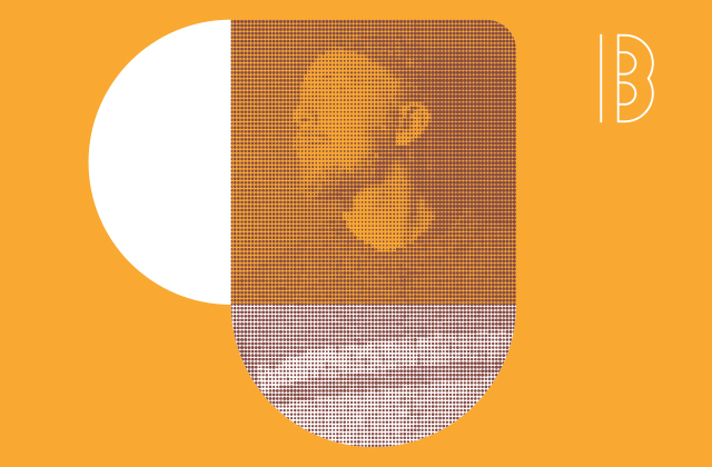 Stylized image of Niklas, with a graphic pink transparent shape over laid.