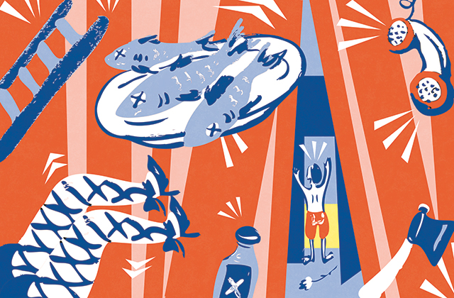 An artistic, stylized illustration in a bold blue, orange, white, and pink color scheme depicting theatrical chaos. Scattered around orange stage curtains are iconic props: a platter of sardine-like fish with 'X' eyes, a ladder, a ringing landline phone, a bottle, an axe, and a pair of legs wearing crisscrossed tights. In the center opening between the curtains, a small shirtless figure in red shorts stands with hands raised in surprise or dismay.