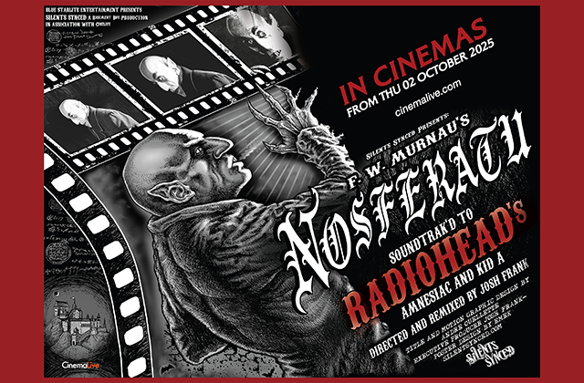A stylised theatrical image inspired by Nosferatu, featuring a sinister, pale figure with a bald head, long black coat, and claw-like hands, looming ominously in front of a red full moon. Stark lighting and deep shadows heighten the eerie, gothic atmosphere, evoking classic horror cinema.