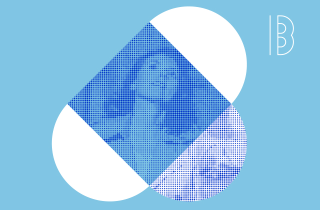 Styalised image of Olivia, with a blue graphic transparent shape over laid