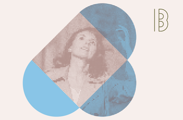 Styalised image of Olivia, with a blue graphic transparent shape over laid