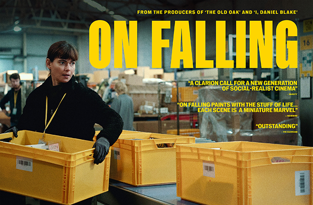 Poster for On Falling. A woman is carrying a yellow plastic box, full of items, while other yellow plastic boxes go by on a conveyor belt