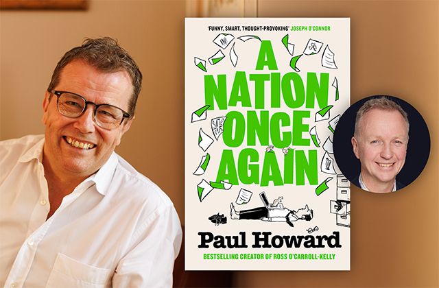 A promotional graphic featuring Irish author Paul Howard smiling in a white shirt and glasses on the left. In the center is the book cover for his novel