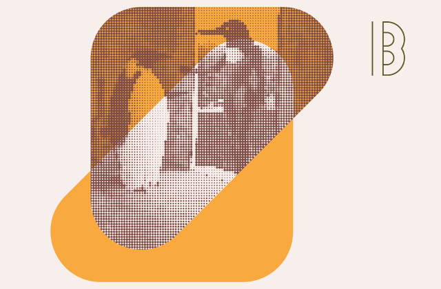 Surrealist illustration of a penguin with a Spanish guitar behind it. A penguin with the body of a human stands in a doorway, conversing with the other. There is a rolling green field behind. The illustration is rendered in stylised dots, with an abstract orange shape behind.