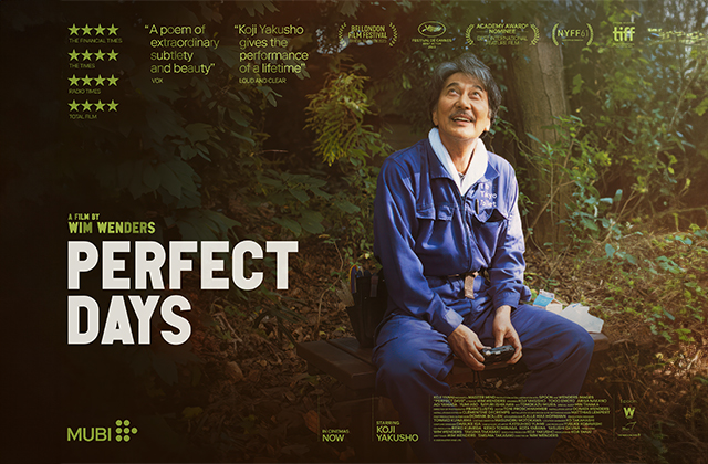 Poster for Perfect Days, Kôji Yakusho sits surrounded by trees, wearing work overalls, and smiling up at the sky.