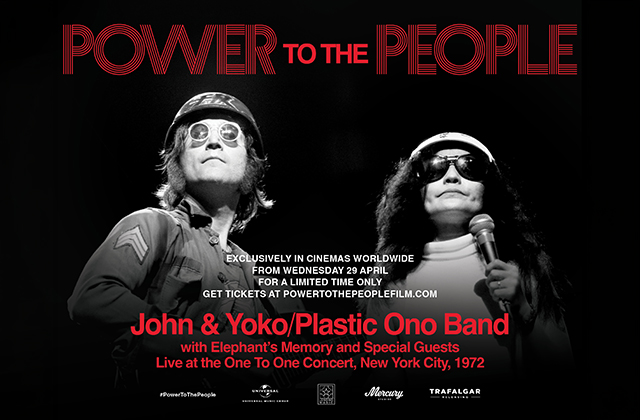 Black-and-white promotional poster featuring John Lennon & Yoko Ono on stage—John wearing a military-style cap and round glasses, Yoko with long curly hair, sunglasses, and holding a microphone. Large red text at the top reads “POWER TO THE PEOPLE.” Below, smaller text promotes a cinema release. At the bottom, bold red text reads “John & Yoko / Plastic Ono Band,” followed by details about a live concert in New York City, 1972.