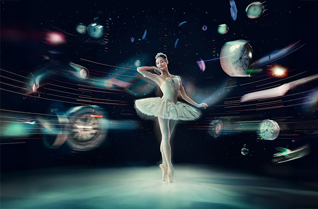 A female ballet dancer, en pointe, dressed in a white corset and tutu, with a tiara, stands surrounded by whirring clock-faces, all pointing to midnight