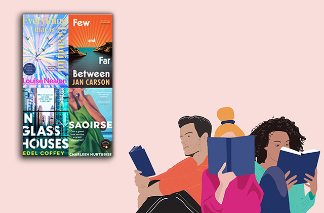 An illustrated scene of three people sitting and reading books against a pale pink background. To the left, there is a book cover for Everything That Is Beautiful by Louise Nealon, featuring a colorful, radiant burst design with birds in flight. The three illustrated readers—one man and two women—hold open books in various shades of blue.