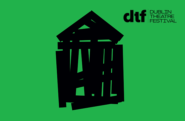 Bright green background with a bold, abstract black shape resembling a stylised theatre building or classical pediment at centre. In the top right corner, the text ‘dtf Dublin Theatre Festival’ appears in black