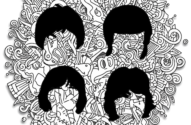 A cut out of each of the fab fours hair styles in a black silhouette is places against a psychedelic line drawing.