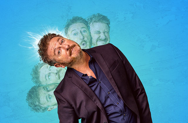 Risteárd Cooper, wearing a suit, leans over the left, with faded versions oh his own face surrounding him, making funny faces