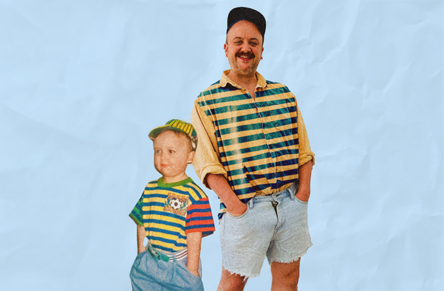 Shane Daniel Byrne as an adult, next to a photo of himself aged 6. Both are wearing identical caps, striped polo shirts, and denim shorts.