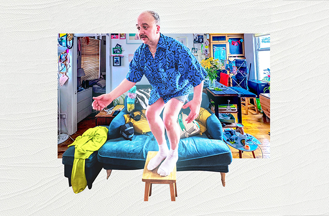 A surreal collage-style scene shows a person with a disproportionately large upper body composited onto a living room setting. The person is balancing with bent knees on a small wooden stool placed on a teal sofa. The person wears a blue patterned shirt, white socks, and no visible trousers, creating an intentionally exaggerated, humorous contrast in scale and proportion.
