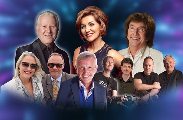A promotional collage featuring nine performers posed against a blue and purple glowing background. Several people are dressed in formal attire, with one person holding a guitar.
