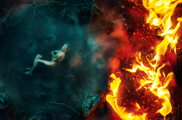 A naked women lies under a frozen lake on the left hand side of the image, while a wild fire is breaching from the right side
