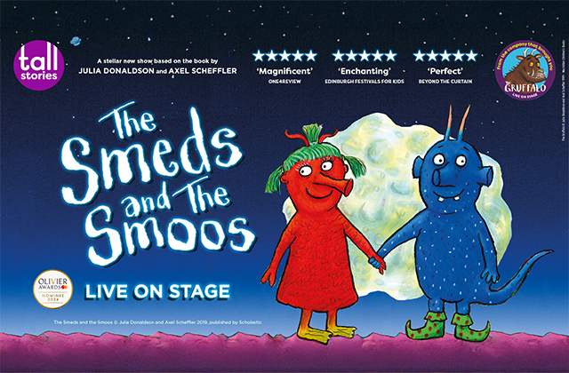 Illustrated cover image for The Smeds and the Smoos, with two aliens - one red, one blue, holding hands and smiling