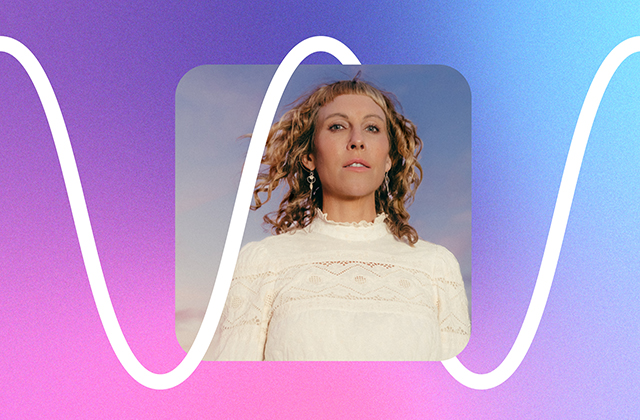 Portrait of a woman with curly hair wearing a cream lace blouse, centred against a pastel gradient background of pink, purple, and blue. A thick white wavy line curves across the image, passing in front of and behind the portrait frame.