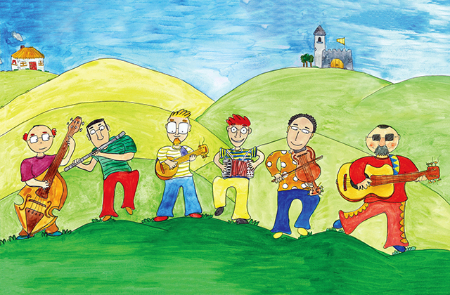 Colorful hand-drawn illustration of cheerful folk band plays music together on rolling green hills beneath a bright blue sky