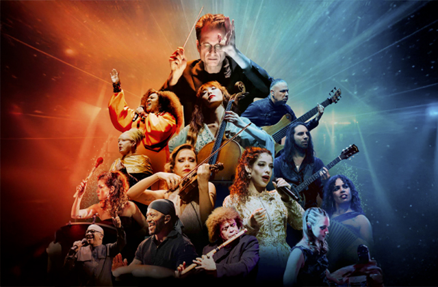 A conductor waving a baton over a pyramid of musicians and singers