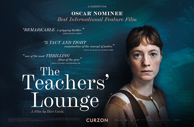 Poster for The Teachers' Lounge, Leonie Benesch stares directly into the camera against a dark blue background.