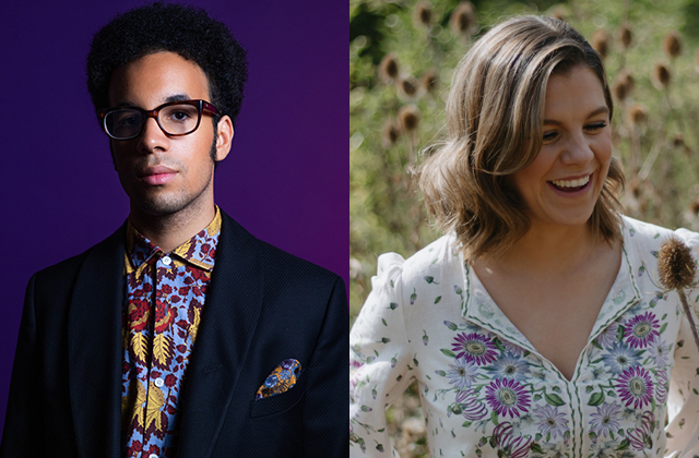 Side-by-side portraits of two people. On the left, Théo Ould, a man with short curly hair and glasses wears a dark blazer and a colourful patterned shirt, standing against a solid purple background with a neutral expression. On the right, Alison Langer, a smiling woman, with shoulder-length light brown hair wears a white blouse with purple and green floral embroidery, standing outdoors among tall plants.