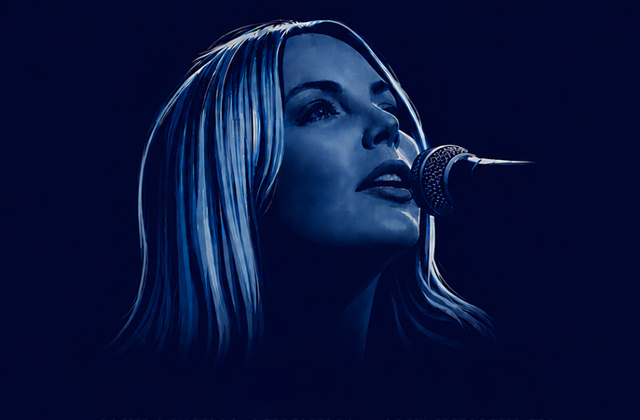 The singer sings into a microphone, illuminated in deep blue light.