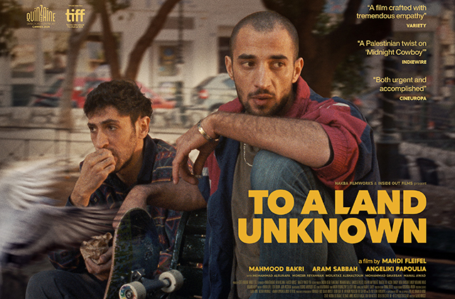 Poster for To a Land Unknown. Two young men, dressed casually, one holding a skateboard, sit by a busy road.
